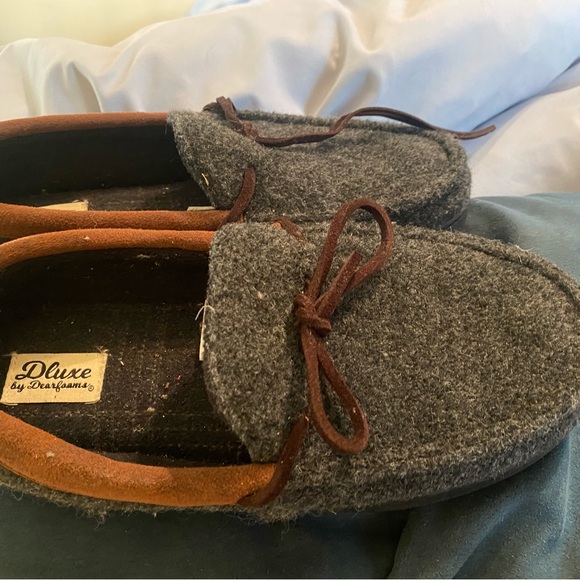 dearfoams Shoes - dearfoams Gray Wool Moccasin Slippers with Brown Trim